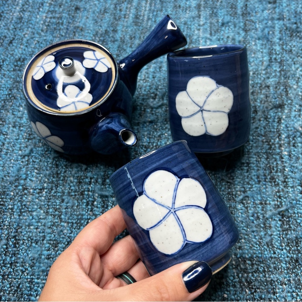 Vintage Japanese Blue and White Stoneware Sake or Hot Tea Mugs and Pot